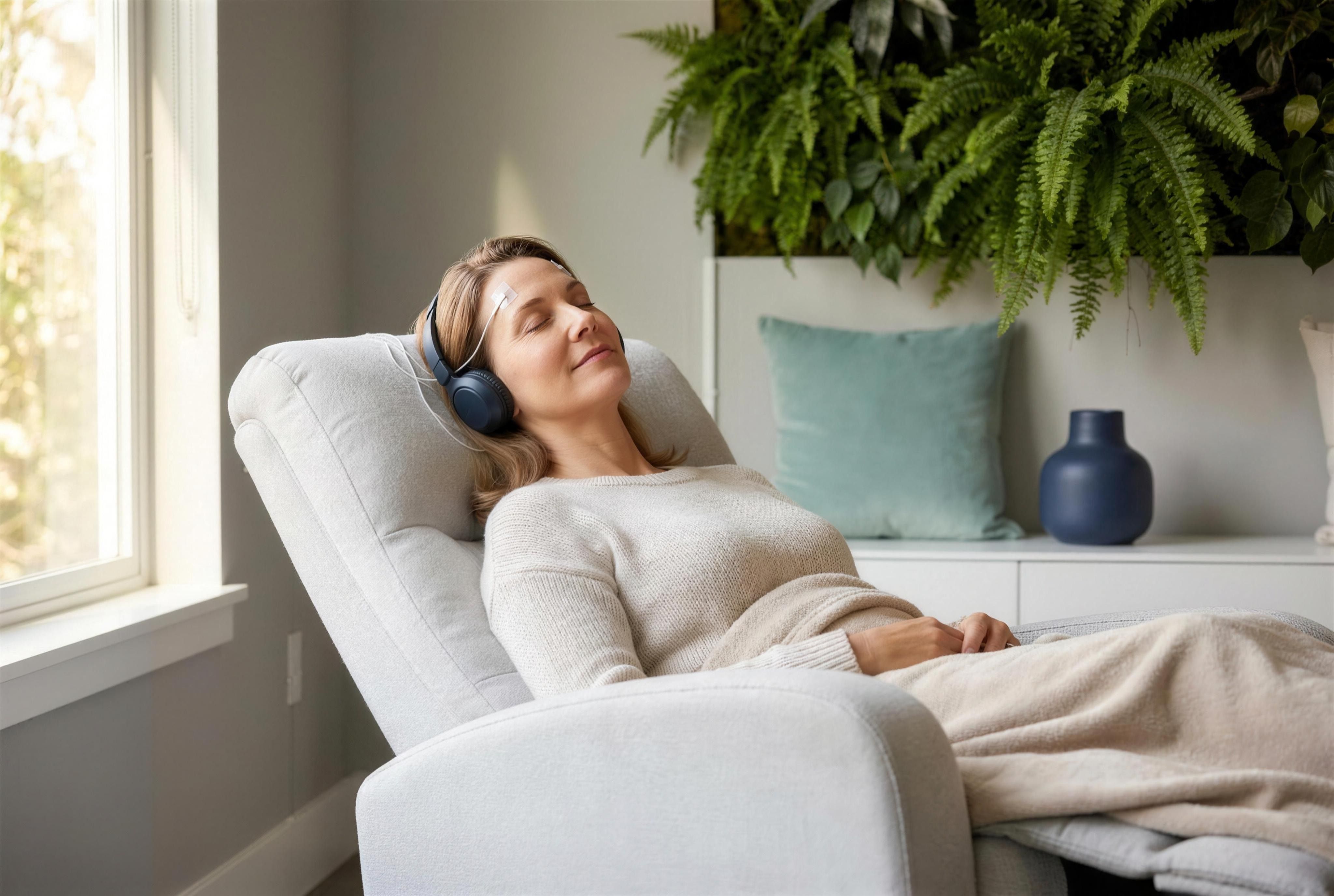 A woman resting with her eyes closed in a recliner during a Cereset session, headphones on, in a calm plant-filled studio